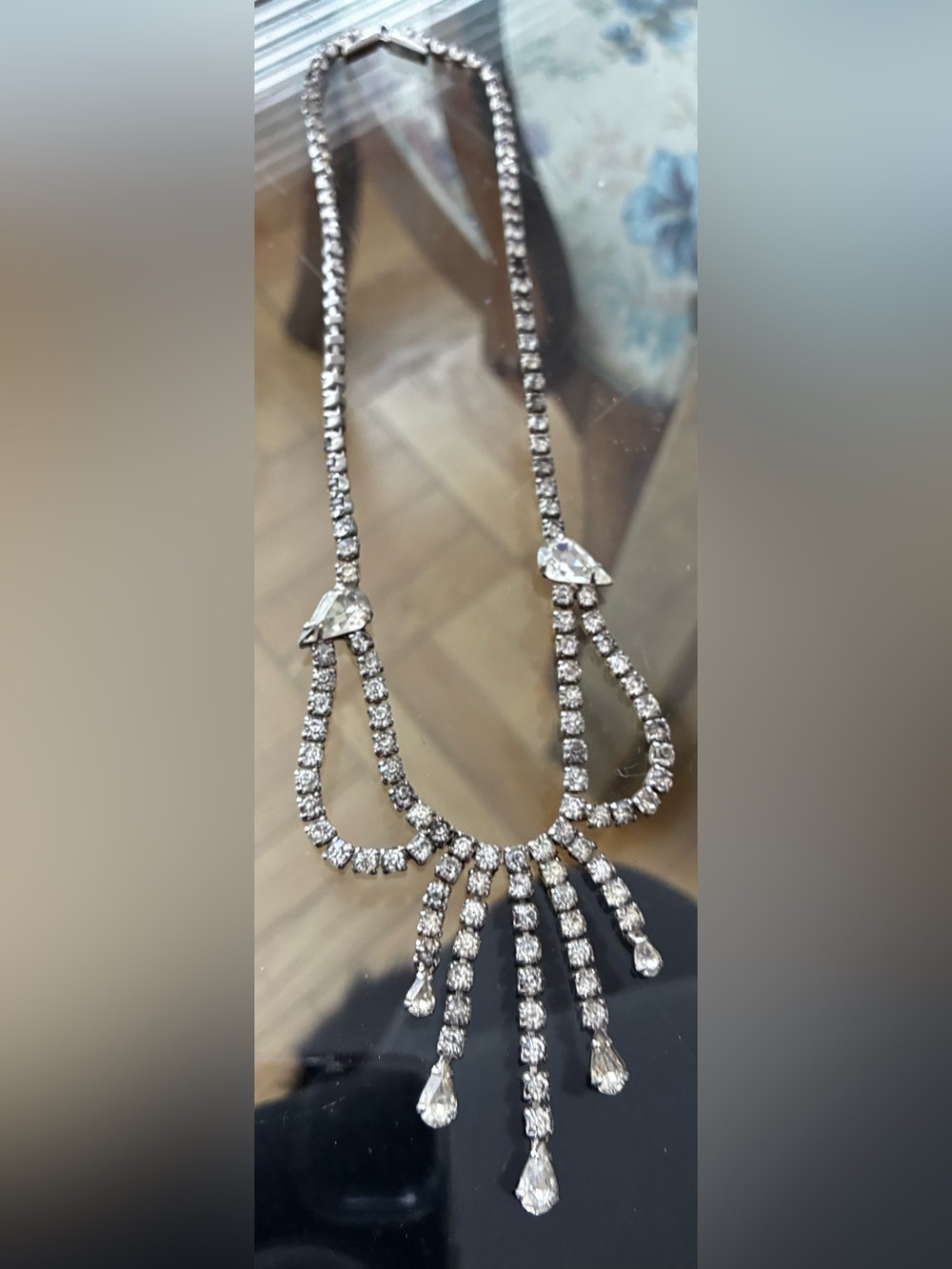 Crystal Teardrop Fringe Necklace - Silver Tone